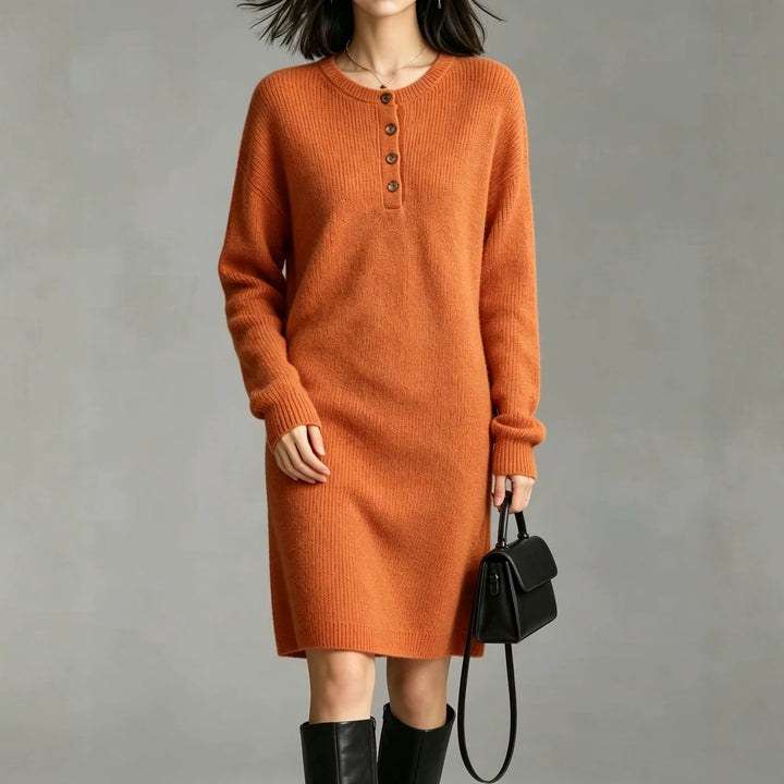 Damen Midilanges Strickkleid mit Henley-Leiste und gerippten Bündchen – Élara