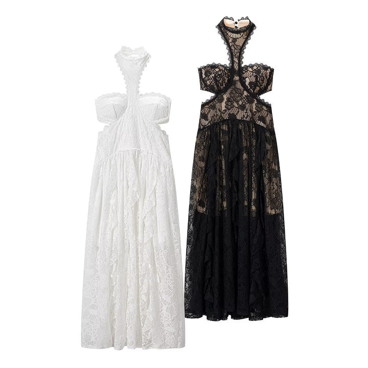 Damen Spitzenmaxikleid mit raffinierten Rüschendetails und elegantem Halterneck Echo Archiv