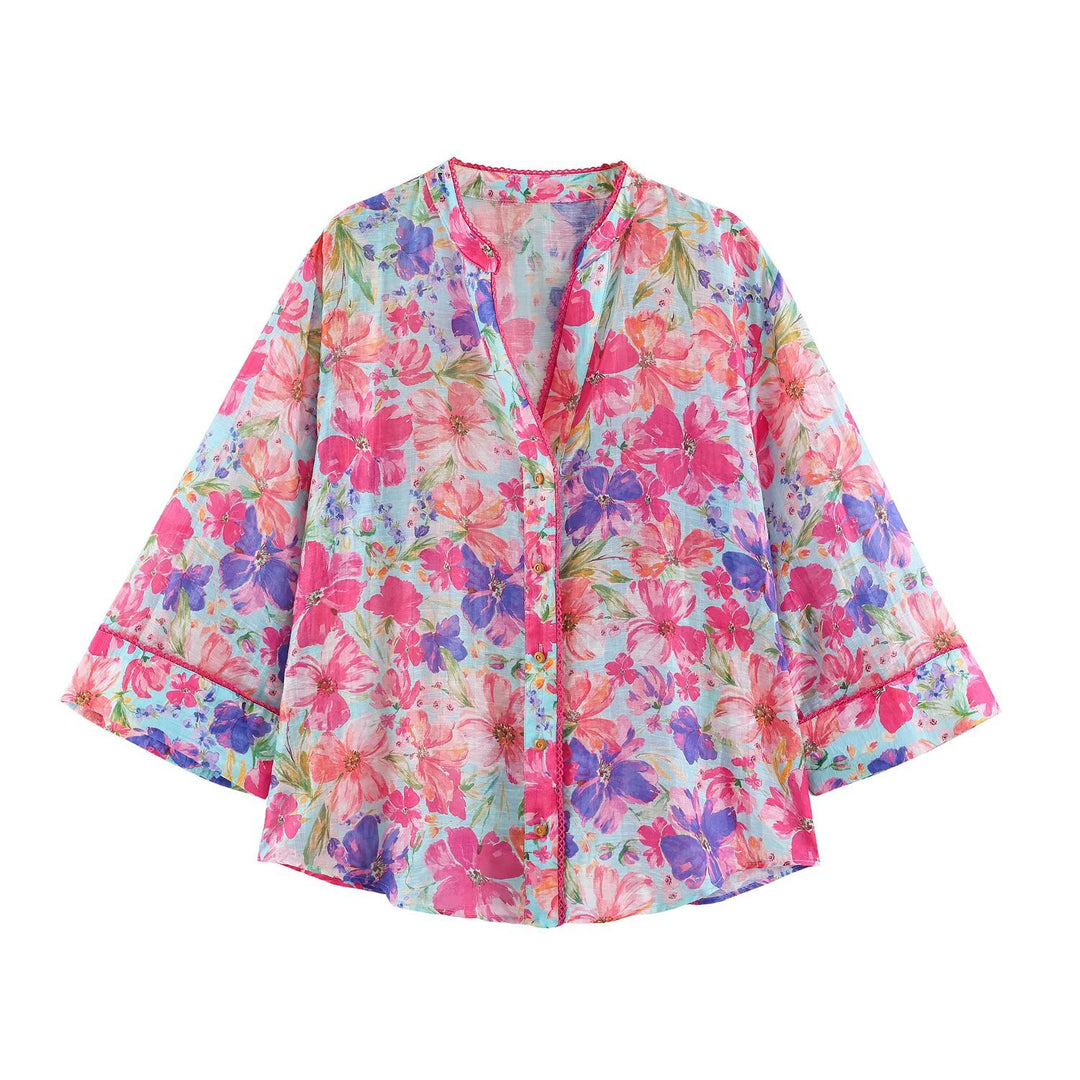 Damen Leichte Blumenbluse mit Stehkragen und dreiviertel Glockenärmeln Echo Archiv