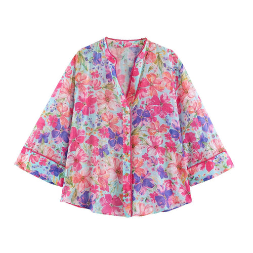Damen Leichte Blumenbluse mit Stehkragen und dreiviertel Glockenärmeln Echo Archiv