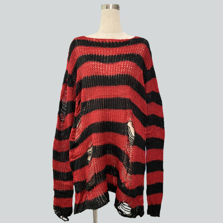 Damen nan Oversized Grobstrickpullover mit breiten Blockstreifen und aufgerissenem Design Echo Archiv
