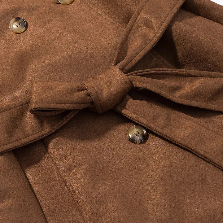Damen langer Mantel im Trenchcoat Stil mit Doppelreiher Bindegürtel und Schalkragen – Montévia