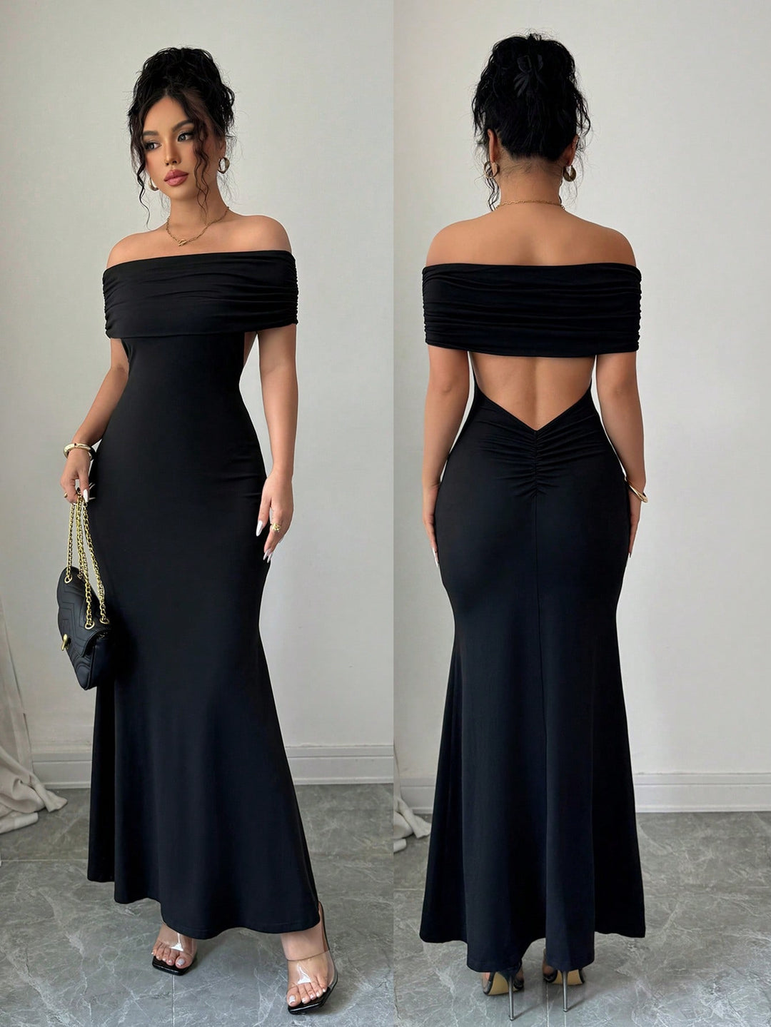 Damen Elegantes Maxikleid mit Off-Shoulder Design und dekorativer Raffung Echo Archiv