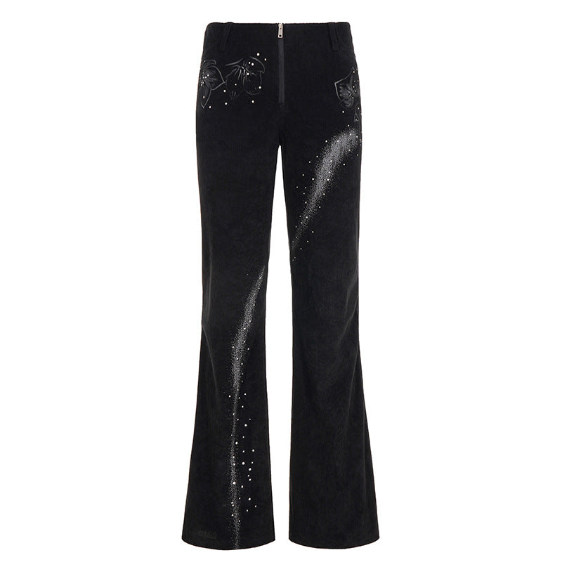 Damen nan ausgestellte Cordhose mit Glitzerstreifen und Blumenstickerei, hoher Bund Echo Archiv