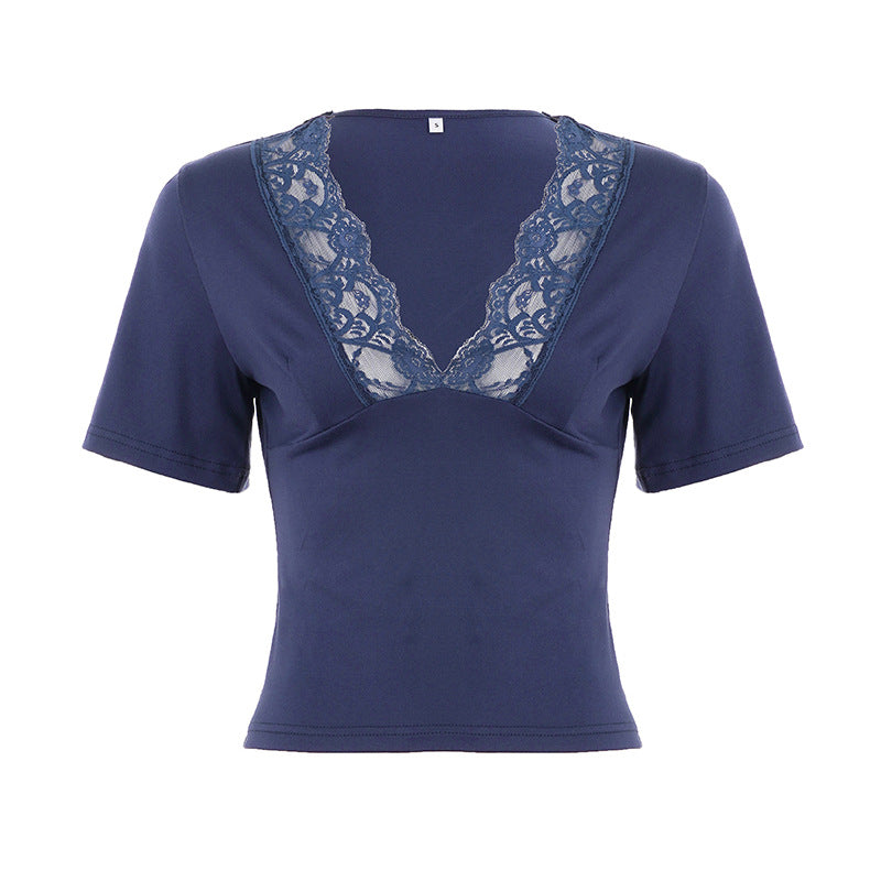 Damen elegantes Oberteil mit spitzen V-Ausschnitt und kurzen Ärmeln Echo Archiv
