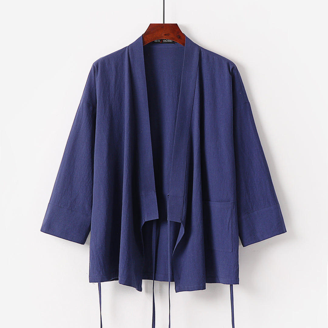 Damen Kimono-Cardigan aus Baumwoll-Leinen mit dreiviertelärmeln Bindegürtel und aufgesetzten Taschen Echoarchiv