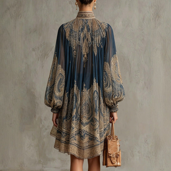Damen Ätherisches Chiffon Tunika Kleid mit Hohem Stehkragen und Ballonärmeln – Élara