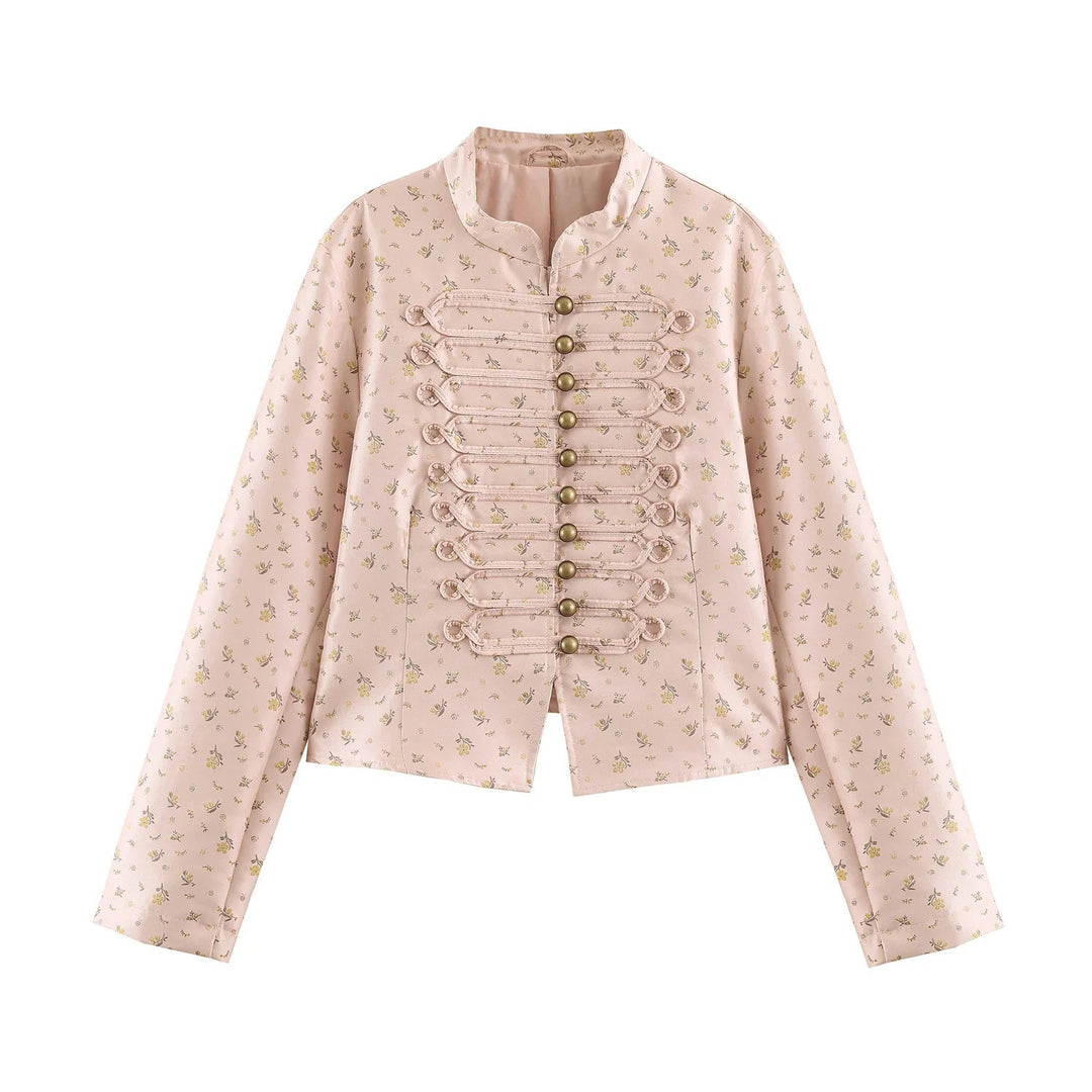 Damen Kurze Brokatoptik Militärblousonjacke mit Froschknopfleiste Echo Archiv