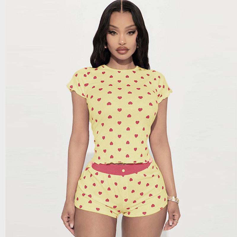 Damen Pyjama Set mit herzförmigem Muster und elastischem Bund Echo Archiv