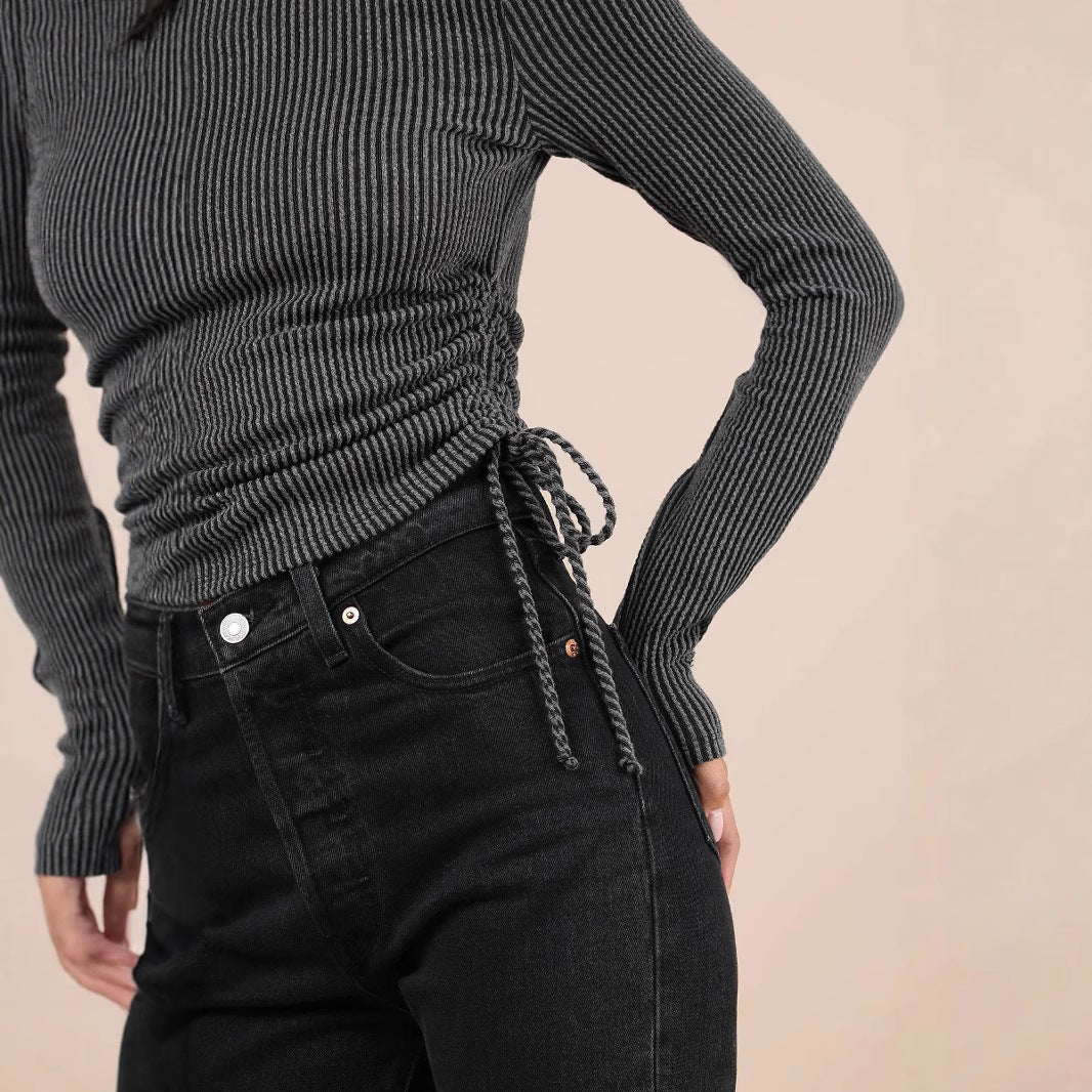 Damen Geripptes Cropped-Longsleeve mit seitlichem Kordelzug – Avérine