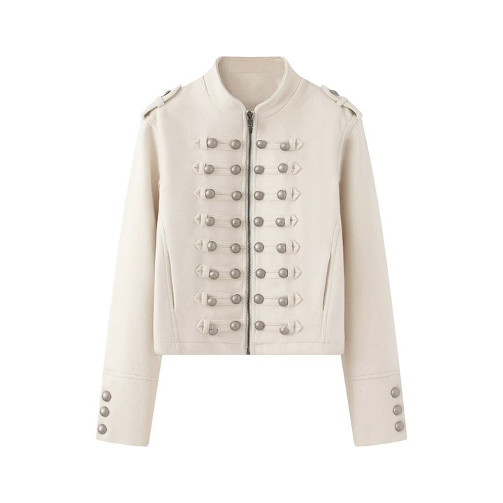 Damen Kurzgeschnittene Militärjacke mit Perlenbesatz und Stehkragen Echoarchiv