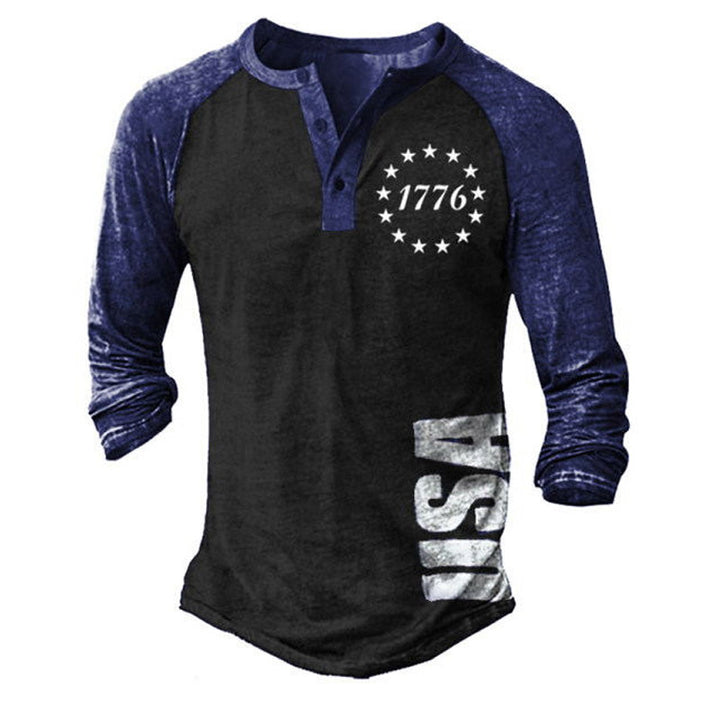Herren Langarm Henley-T-Shirt mit kreativem Druck und stilvollem Knopfverschluss Echoarchiv
