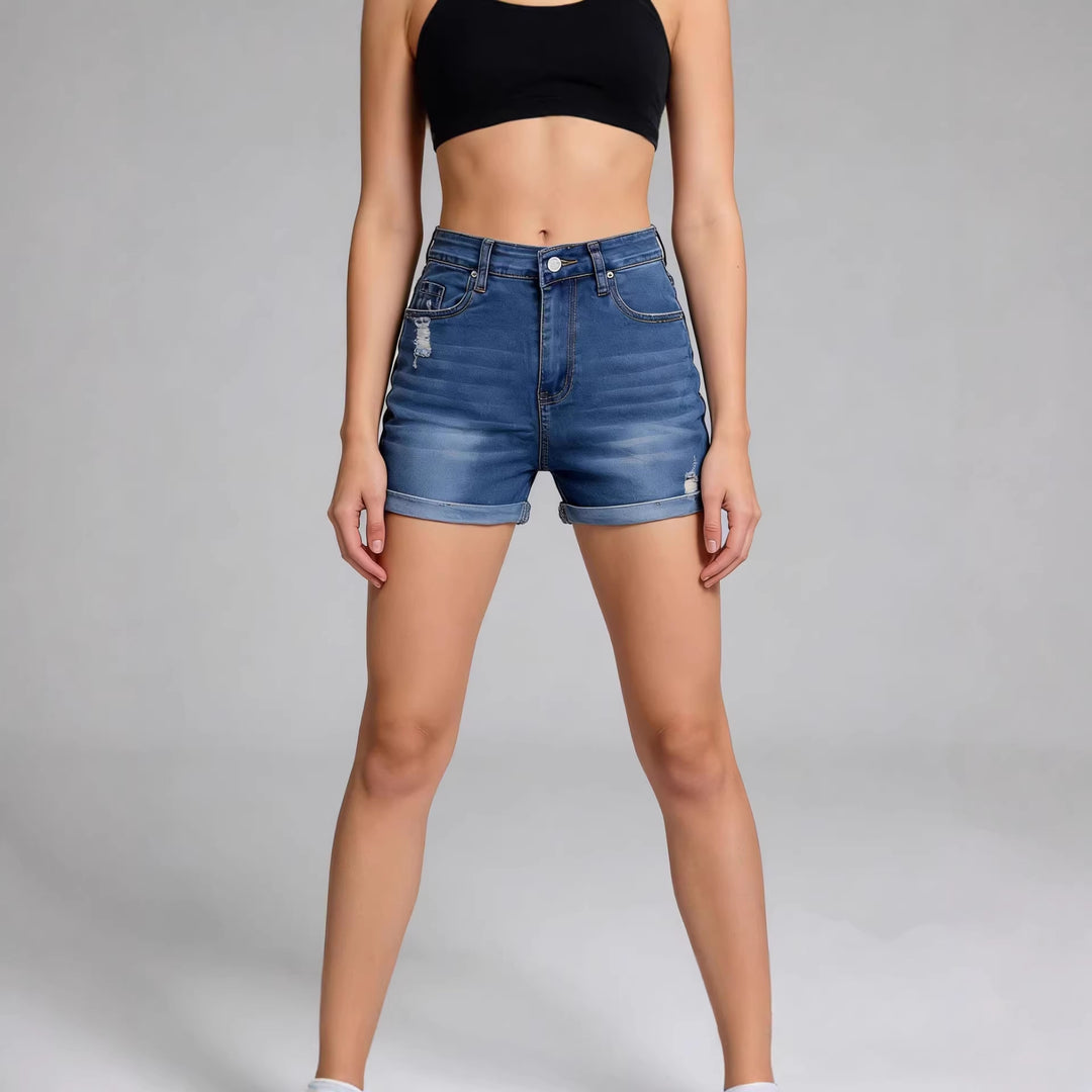 Damen High-Waist Denim-Shorts mit lässigem Schnitt und modernen Destroyed-Details Echo Archiv