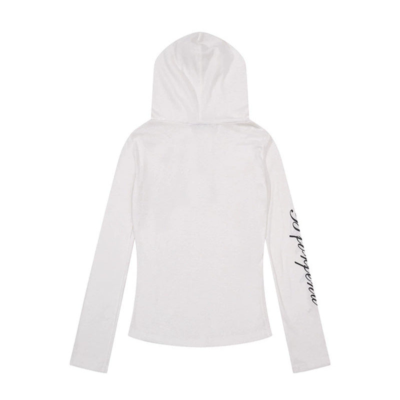 Damen Leichtes Langarm-Hoodie-Henleyshirt mit Knopfleiste, Kapuze und Music-Print Echoarchiv