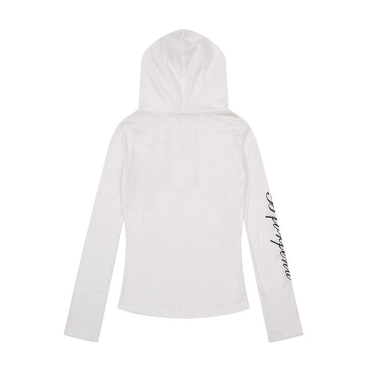 Damen Leichtes Langarm-Hoodie-Henleyshirt mit Knopfleiste, Kapuze und Music-Print Echoarchiv