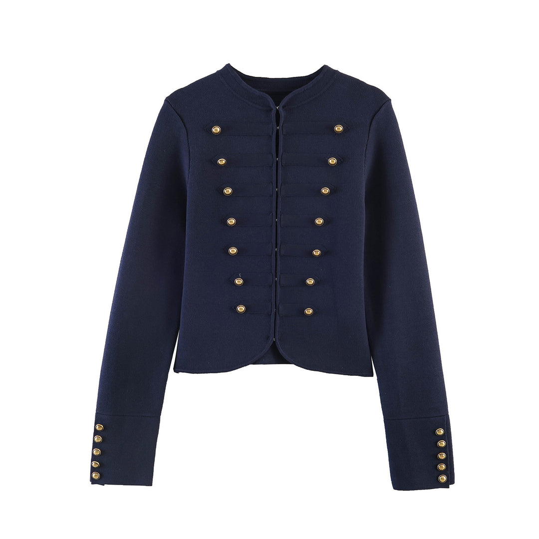 Damen nan military-inspirierte Kurzjacke mit runder Halslinie, taillierter Silhouette und goldfarbenen Zierknöpfen Echo Archiv