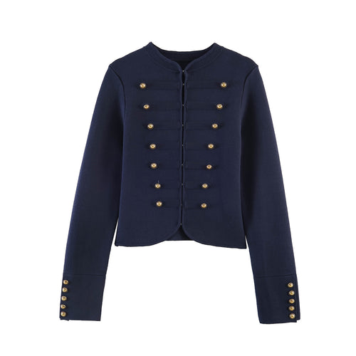 Damen nan military-inspirierte Kurzjacke mit runder Halslinie, taillierter Silhouette und goldfarbenen Zierknöpfen Echo Archiv