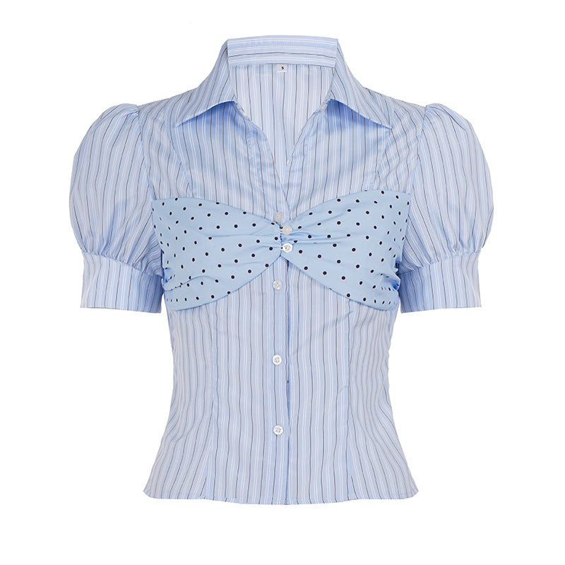 Damen Stylische gestreifte Bluse mit Rüschendetail und Punktenmuster Echo Archiv