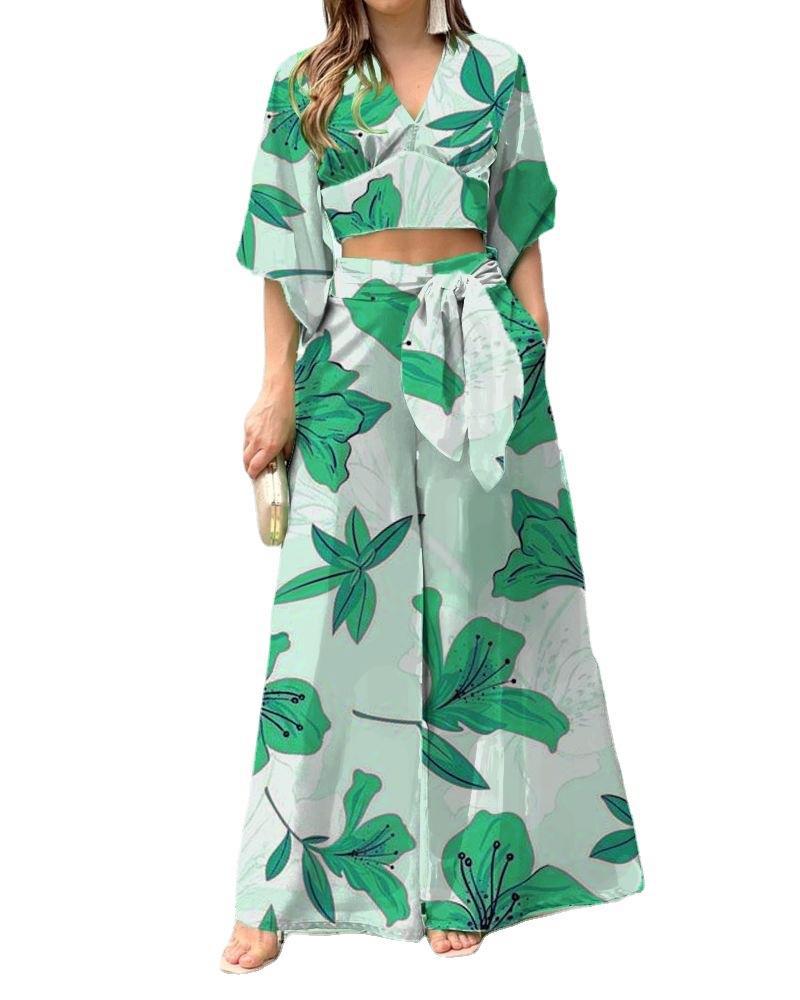 Damen Zwei-Teiler Sommer Set mit Wickel-Crop-Top und Hochtaillierten Palazzo-Hosen EB – Élanora