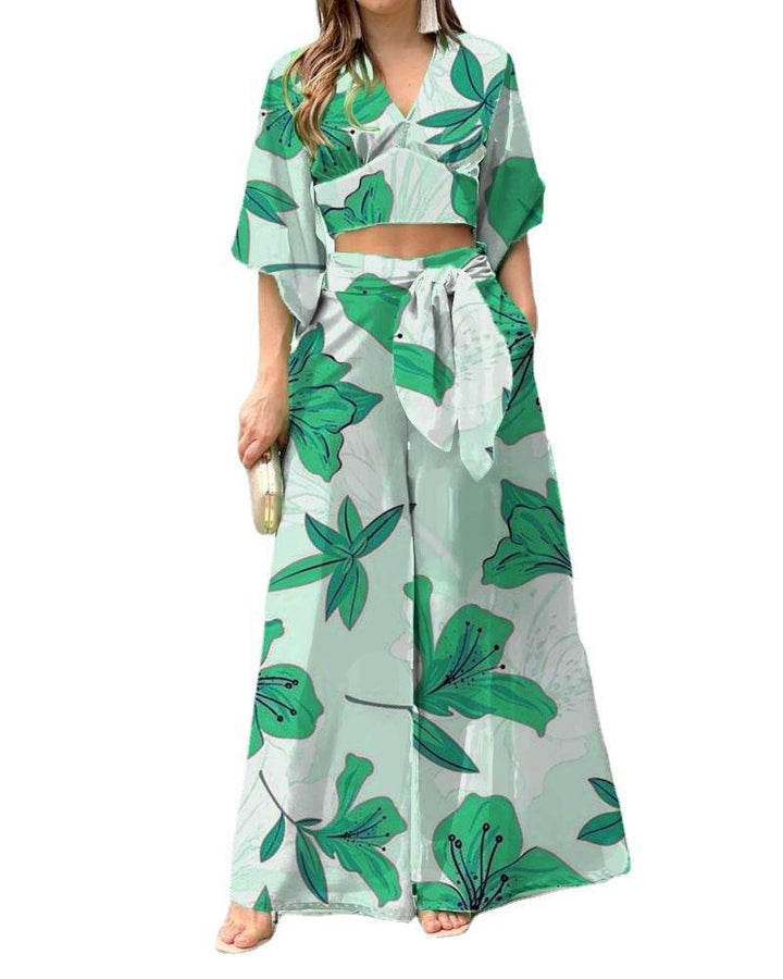Damen Zwei-Teiler Sommer Set mit Wickel-Crop-Top und Hochtaillierten Palazzo-Hosen EB – Élanora