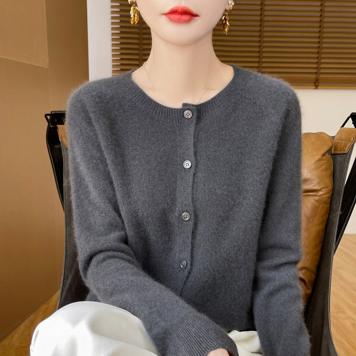Damen Kurzgeschnittener Feinstrick-Cardigan mit Rundhalsausschnitt und schimmernder Knopfleiste Echoarchiv