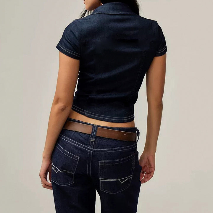Damen Stylisches Jeanshemd mit taillierter Passform und kurzen Ärmeln Echo Archiv