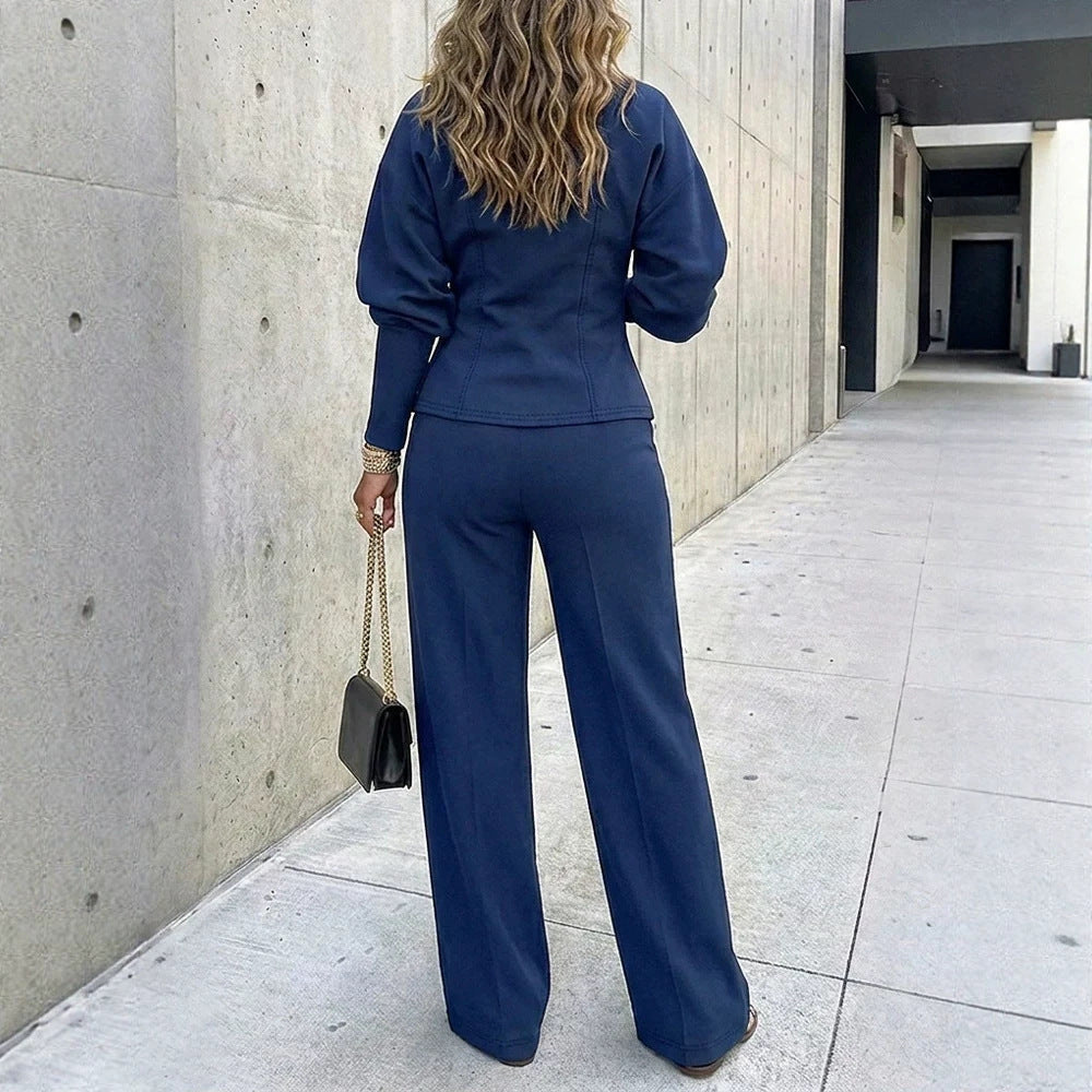 Damen Zweiteiliges tailliertes Blazer‑Hosen‑Set mit goldenen Zierknöpfen und weitem Palazzo-Bein – Avérine