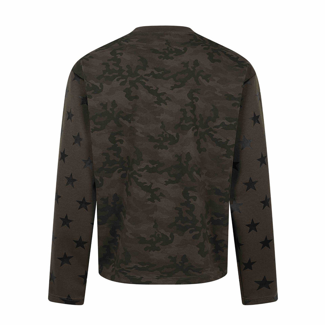 Unisex Oversize Sweatshirt mit Camouflage-Print, Sternärmel-Applikation und großflächigem Metallic-Print Echoarchiv