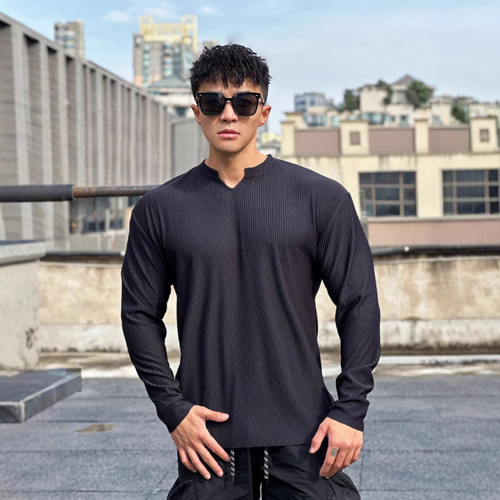 Herren Langarmshirt mit innovativem Rippdesign und modischem Stehkragen Echoarchiv