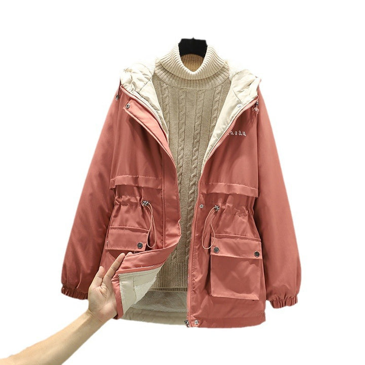 Damen Wasserabweisender Kapuzenparka mit Teddyfutter Tunnelzugtaillierung und Mehrfachtaschen – Célinea