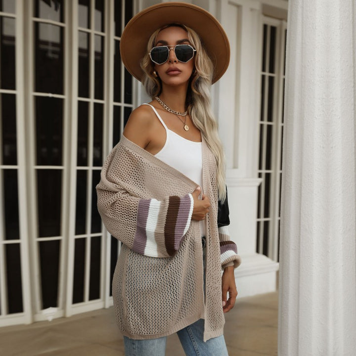 Damen Longline-Netzstrick-Cardigan mit Ballonärmeln und Blockstreifen – Veloura