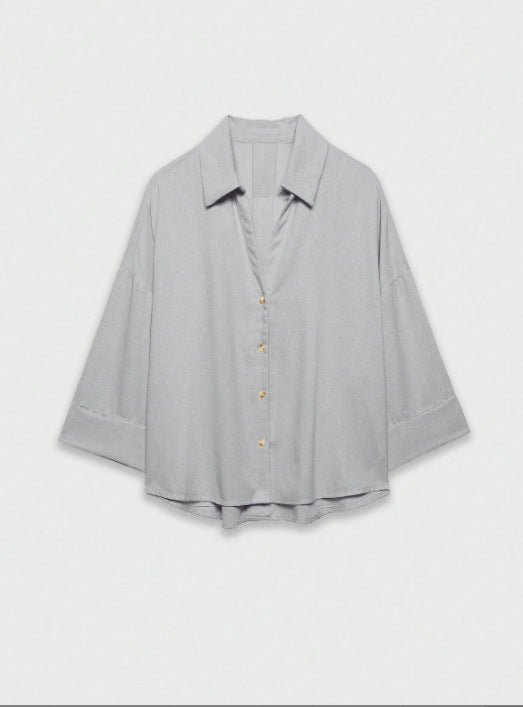 Damen Leichte Oversize Leinenoptik Bluse mit Dreiviertelärmeln und durchgehender Knopfleiste Echoarchiv