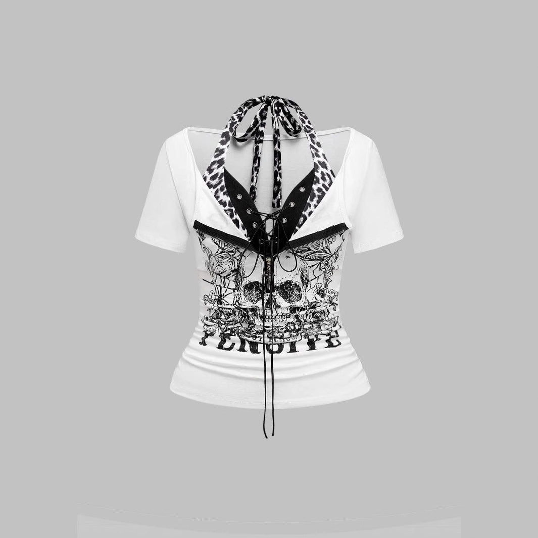 Damen Trendy Crop-Top mit einzigartigem Grafikdruck und Schnürdetails Echo Archiv