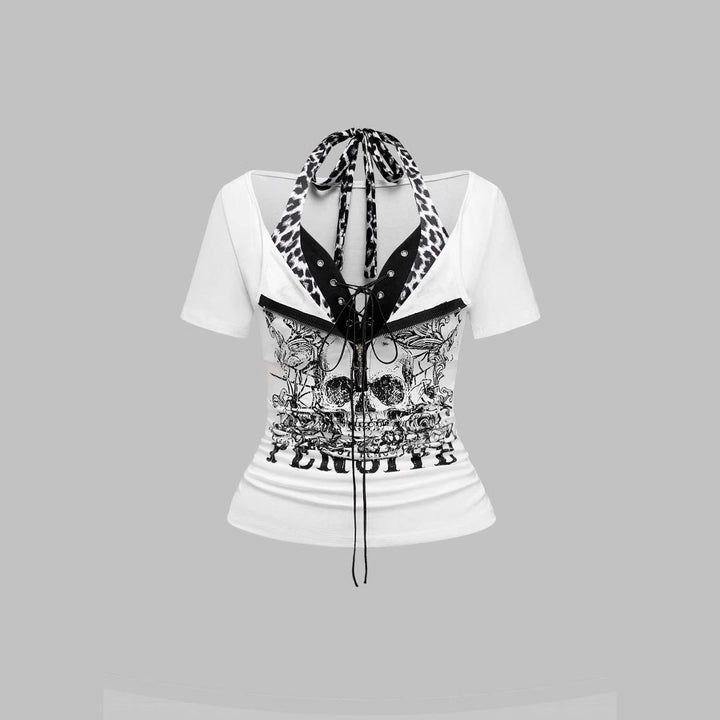 Damen Trendy Crop-Top mit einzigartigem Grafikdruck und Schnürdetails Echo Archiv