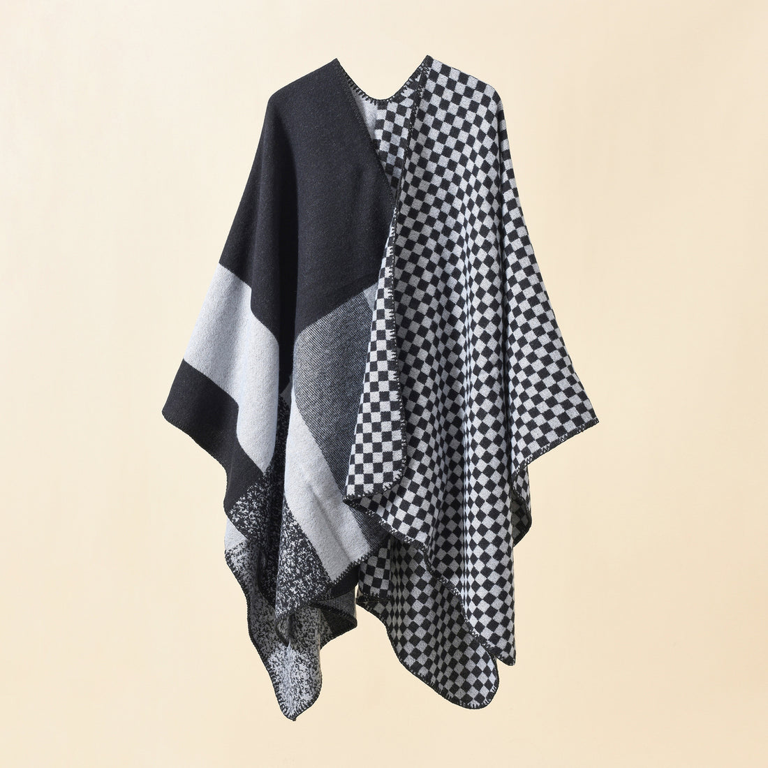 Damen Wendbarer Karomuster-Capeponcho aus Wollmix mit kastigem Oversize-Fall – Montévia