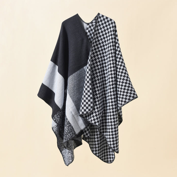 Damen Wendbarer Karomuster-Capeponcho aus Wollmix mit kastigem Oversize-Fall Echo Archiv