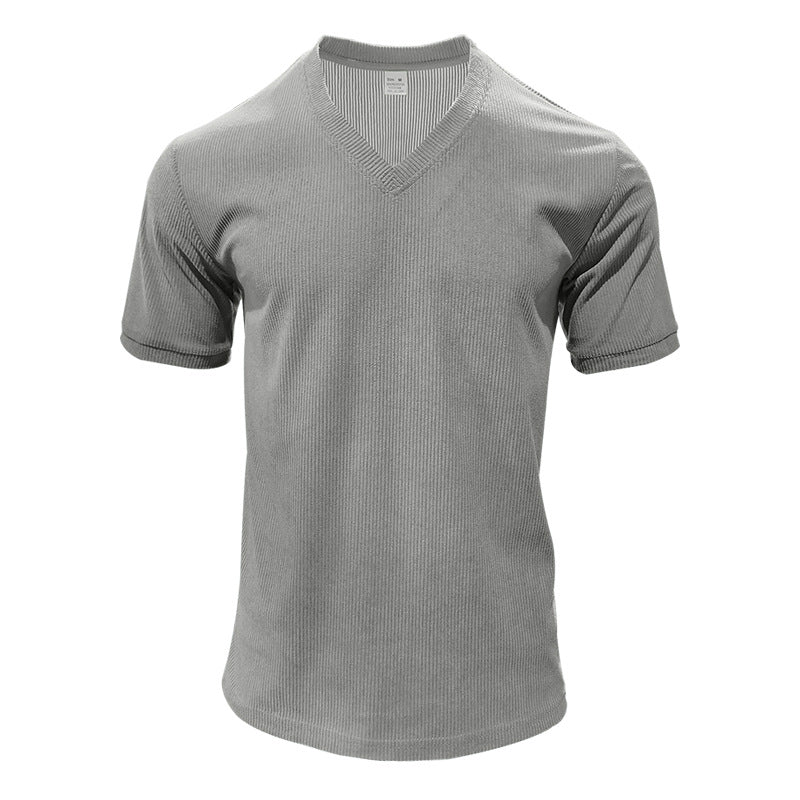 Herren nan strukturiertes V-Ausschnitt-Rippjersey-Shirt mit kurzem Arm und körpernaher Passform Echo Archiv