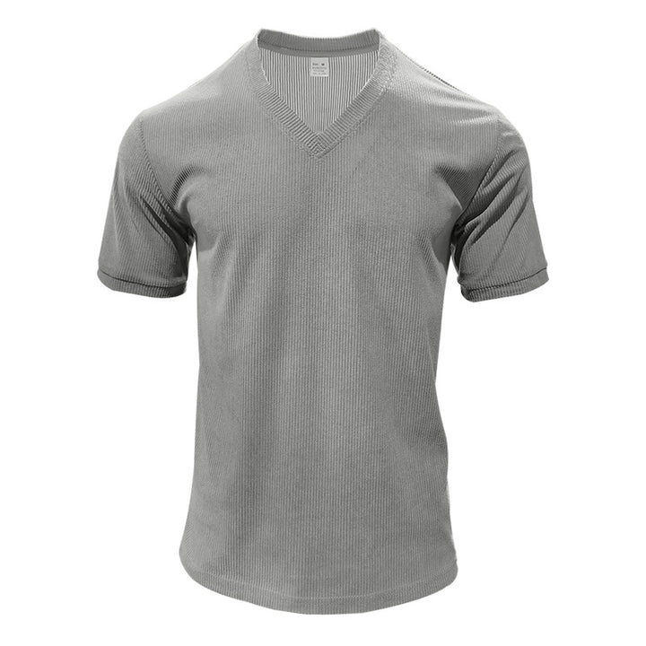 Herren nan strukturiertes V-Ausschnitt-Rippjersey-Shirt mit kurzem Arm und körpernaher Passform Echo Archiv