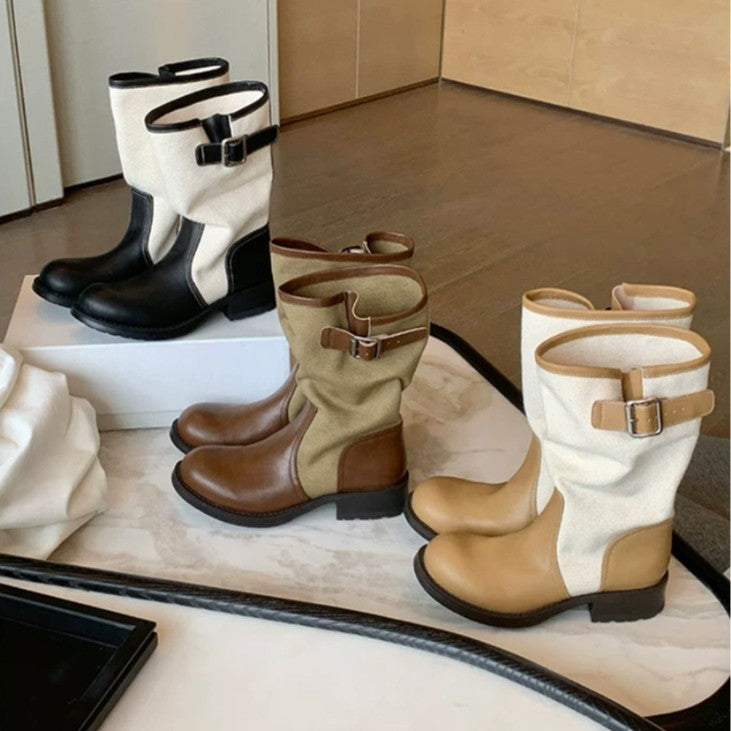 Damen Leder-Leinen Mid-Calf Stiefel mit Schnallenriemen Echo Archiv