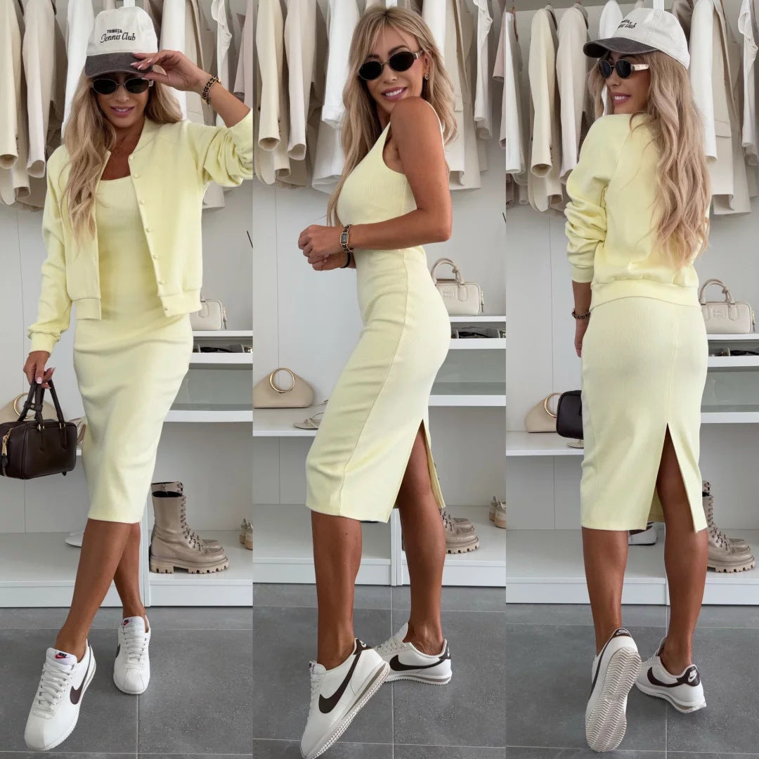 Damen figurbetontes Strick-Midikleid mit passender Kurzjacke und Rundhalsausschnitt – Élara