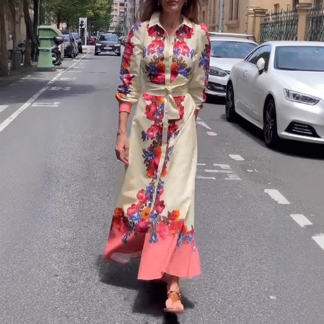 Damen nan langes Hemdblusenkleid mit floralem Print, Bindegürtel und Volantbesatz Echo Archiv