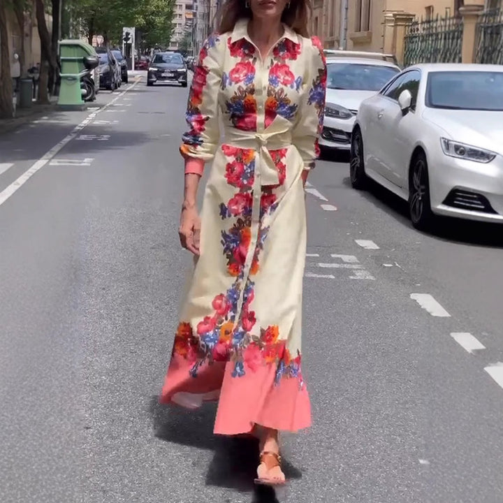 Damen nan langes Hemdblusenkleid mit floralem Print, Bindegürtel und Volantbesatz Echo Archiv