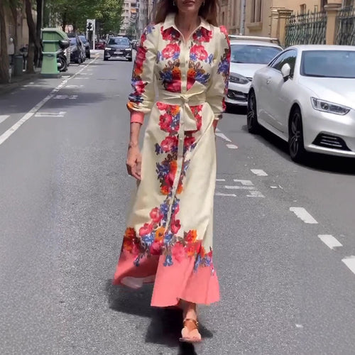 Damen nan langes Hemdblusenkleid mit floralem Print, Bindegürtel und Volantbesatz Echo Archiv