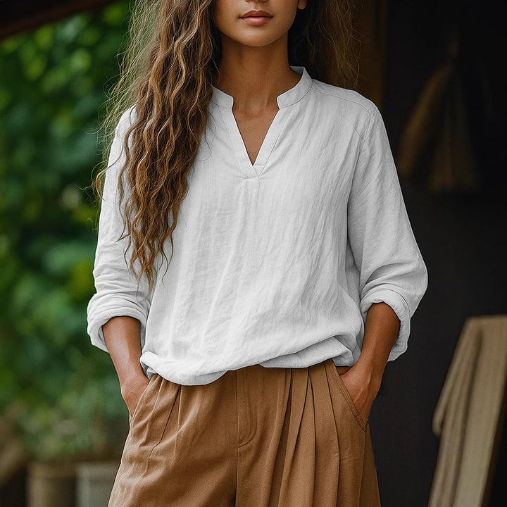 Damen Casual Tunika-Bluse in Leinenoptik mit kleinem Stehkragen und V‑Schlitz – Élovi