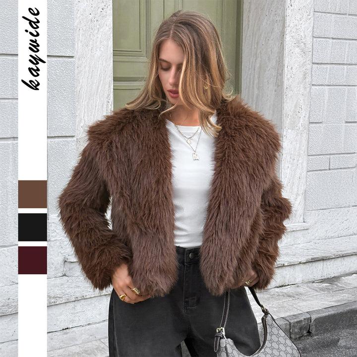Damen kurzer Faux‑Fur‑Mantel mit breitem Stehkragen, dichter Flor und wärmender Innenfütterung – Avérine