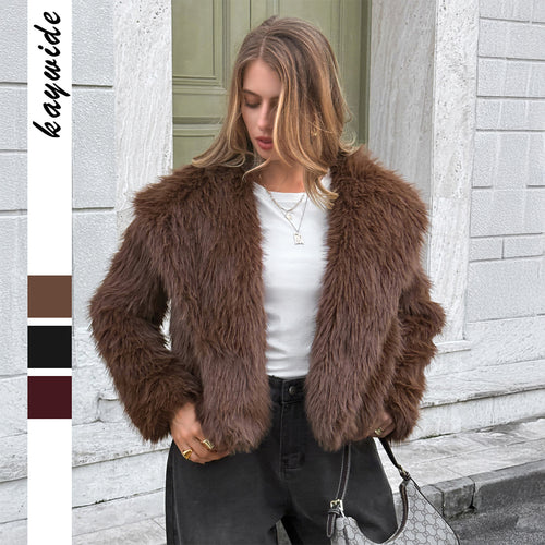 Damen kurzer Faux‑Fur‑Mantel mit breitem Stehkragen, dichter Flor und wärmender Innenfütterung – Avérine