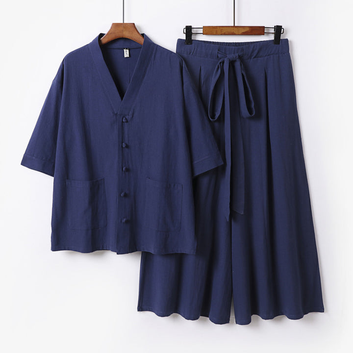 Damen Zweiteiliges Kimono-Lounge-Set mit Kurzarm-Knopfjacke, aufgesetzten Taschen und weiten Palazzo-Hosen Echoarchiv