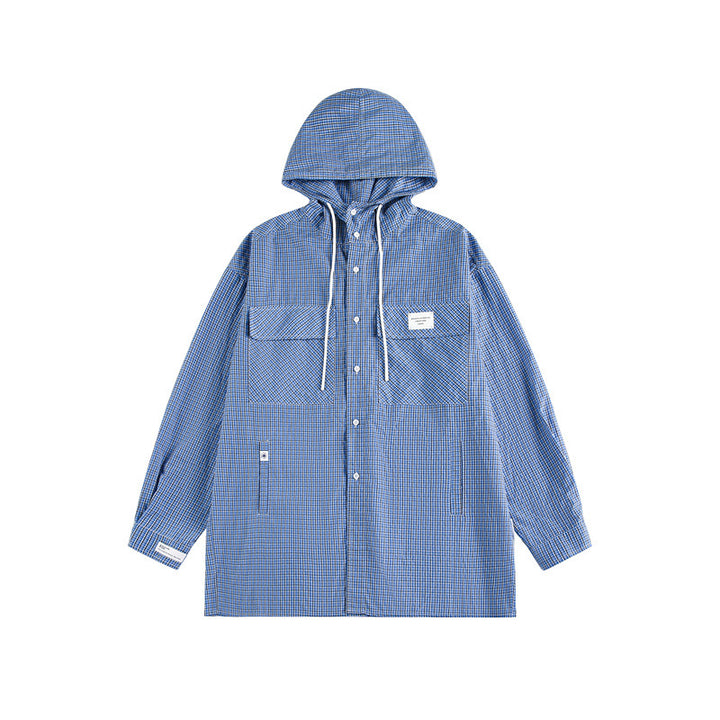 Unisex Kapuzen-Overshirt im karierten Longline-Schnitt mit Pattentaschen und Druckknopfleiste Echoarchiv