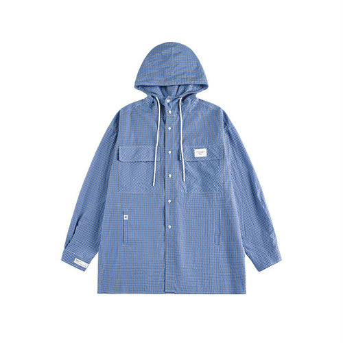 Unisex Kapuzen-Overshirt im karierten Longline-Schnitt mit Pattentaschen und Druckknopfleiste Echoarchiv