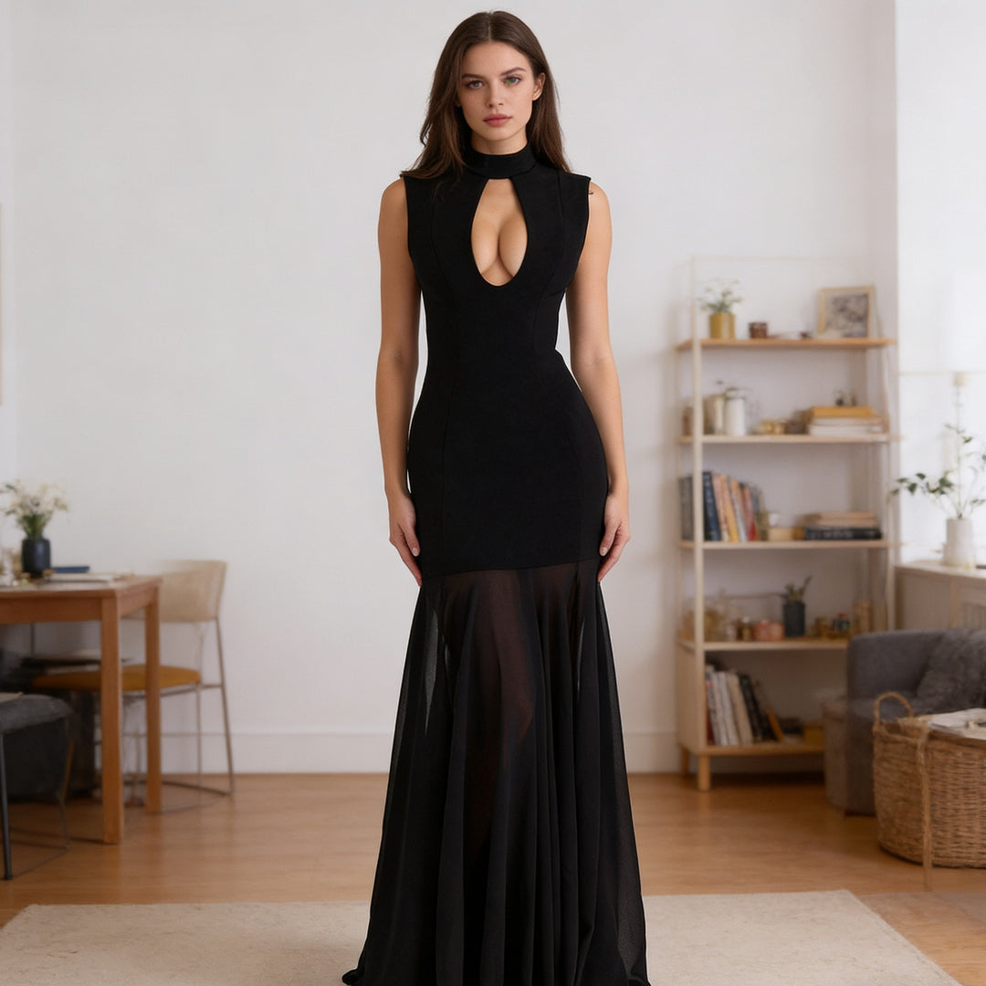 Damen Elegantes Abendkleid mit tiefem V-Ausschnitt und schwingendem Rock Echo Archiv